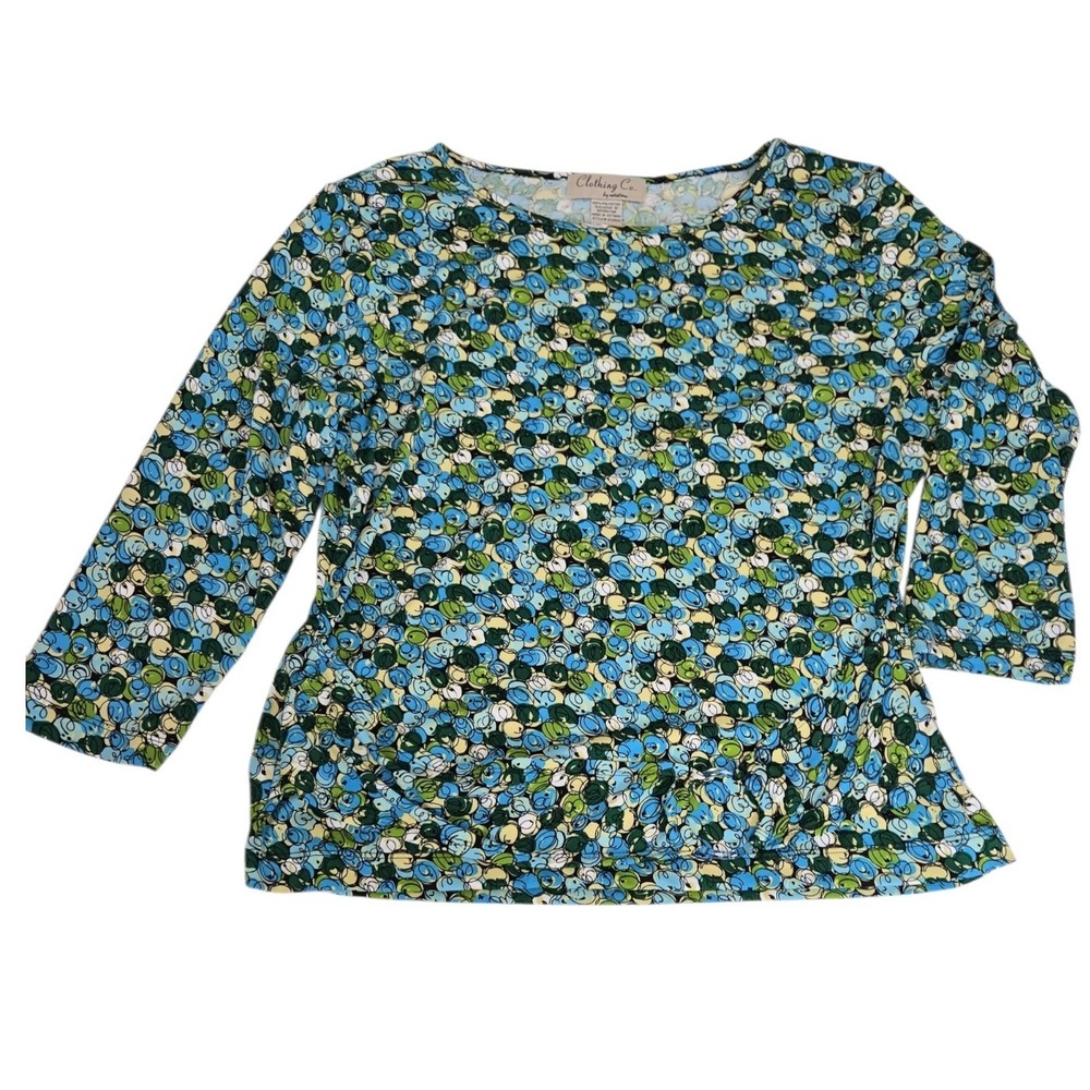 Clothing Co by Notations Women's Blue Green Floral Print 3/4 Sleeve Top Size‎ L